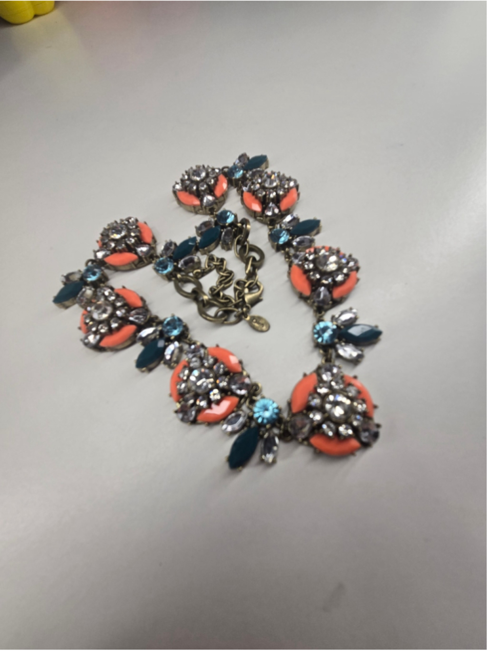 Vintage Joan Rivers Statement Necklace Orange Teal Glass Crystals Luxury Floral - Picture 10 of 11